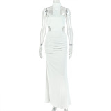 Women's Halter Neck Open Waist Ruched Mesh Patchwork Bodycon Maxi Dress