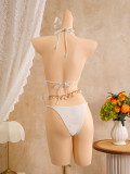 Women's Lace Trim Halter Neck Three-Piece Beach Bikini Swimsuit