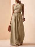 Women's Holidays Casual Crisscross Halter Neck Low Back Crop Top and Wide Leg Pants Two-Piece Set