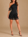 Women's Holidays Black and White Polka Dot Slash Shoulder Ruffle Hem Mini Dress
