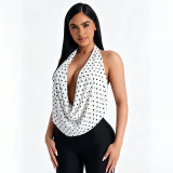 Women Sexy Polka-Dot Halter-Neck Cowl-Neck Backless Lace-Up Top
