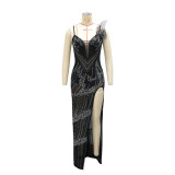 Women Beaded Spaghetti with SlitStrap Dress