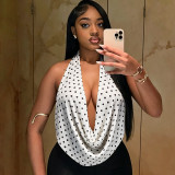 Women Sexy Polka-Dot Halter-Neck Cowl-Neck Backless Lace-Up Top