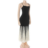 Women elegant black and off-white lace square-neck fishtail bodycon dress