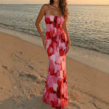 Women sleeveless printed bodycon fishtail strap dress