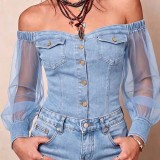 Women printed off-shoulder chiffon long-sleeve top