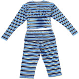 Women summer striped round-neck long-sleeve top and pants set