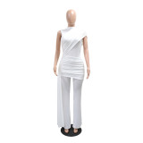 Women Summer Sexy Round-Neck One-Shoulder Pleated Jumpsuit with Ribbon Detail