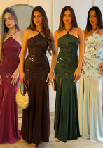 Women Sexy Sequined Lace-Up Sleeveless Slit Maxi Dress