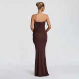 Women Summer Solid Strapless Ruched Mesh Bodycon Dress