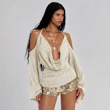 Women sexy summer backless cowl-neck off-shoulder long-sleeve top