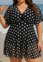 Plus-size Women French-style polka-dot V-neck short-sleeve backless beach dress Plus-size Women French-style polka-dot V-neck short-sleeve backless beach dress