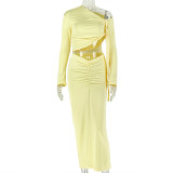 Women solid-color asymmetrical one-shoulder long-sleeve top and skirt set