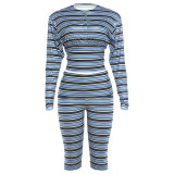 Women summer striped round-neck long-sleeve top and pants set