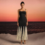 Women elegant black and off-white lace square-neck fishtail bodycon dress