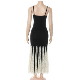 Women elegant black and off-white lace square-neck fishtail bodycon dress