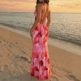 Women sleeveless printed bodycon fishtail strap dress