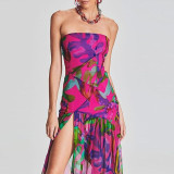 Women Summer Sexy Strapless Dress Tiger-print slit dress
