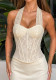 Women summer sexy halter-neck lace-patchwork cinched-waist top