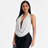 Women Sexy Polka-Dot Halter-Neck Cowl-Neck Backless Lace-Up Top