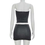 Women Sexy Polka-Dot Strapless Top and Slit Skirt Set