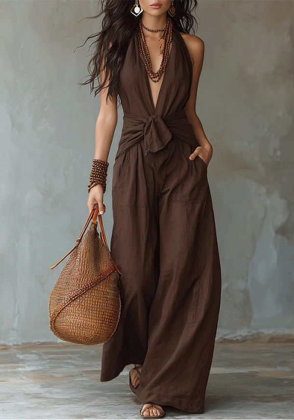 Women sleeveless halter-neck lace-up wide-leg jumpsuit