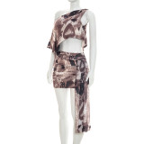 Women Sexy One-Shoulder Spaghetti-Strap Printed Bodycon Dress