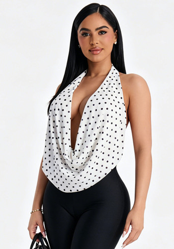 Women Sexy Polka-Dot Halter-Neck Cowl-Neck Backless Lace-Up Top