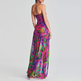 Women Summer Sexy Strapless Dress Tiger-print slit dress