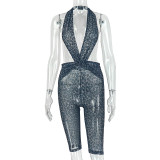 Women sexy strapless backless leopard-print V-neck jumpsuit
