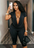 Women Solid Cowl-Neck Short-Sleeve Top and Cropped Pants Set