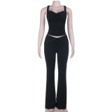 Women Casual Lace Top and Bell-Bottom Pants Set