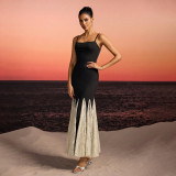 Women elegant black and off-white lace square-neck fishtail bodycon dress