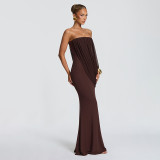 Women Summer Solid Strapless Ruched Mesh Bodycon Dress