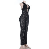 Women Sexy V-Neck Off-Shoulder Cut-Out Lace Jumpsuit
