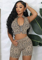 Women Sexy Leopard-Print Halter-Neck Zippered Top and Shorts Set Women Sexy Leopard-Print Halter-Neck Zippered Top and Shorts Set