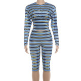 Women summer striped round-neck long-sleeve top and pants set