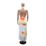 Women Off-Shoulder Halter-Neck Lace-Up Printed Tassel Dress with Irregular Hem