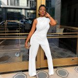 Women Summer Sexy Round-Neck One-Shoulder Pleated Jumpsuit with Ribbon Detail