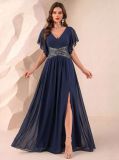 Women Summer V-Neck Sequin & Chiffon Patchwork Dress
