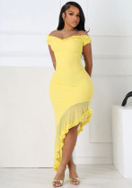 Women Summer Off-Shoulder Irregular Ruffle-Edge Solid Maxi Dress Women Summer Off-Shoulder Irregular Ruffle-Edge Solid Maxi Dress