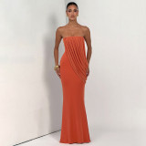 Women Summer Solid Strapless Ruched Mesh Bodycon Dress