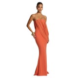 Women Summer Solid Strapless Ruched Mesh Bodycon Dress