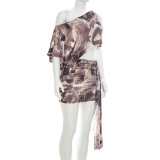Women Sexy One-Shoulder Spaghetti-Strap Printed Bodycon Dress