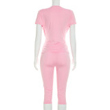 Women Solid Cowl-Neck Short-Sleeve Top and Cropped Pants Set