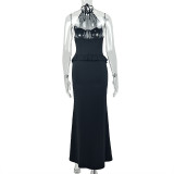 Women solid-color ruched slim-fit halter-neck sleeveless bodycon dress