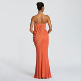 Women Summer Solid Strapless Ruched Mesh Bodycon Dress