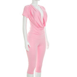 Women Solid Cowl-Neck Short-Sleeve Top and Cropped Pants Set