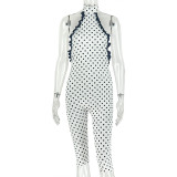 Women printed high-neck summer backless lace-up jumpsuit