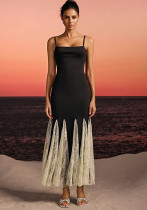 Women elegant black and off-white lace square-neck fishtail bodycon dress Women elegant black and off-white lace square-neck fishtail bodycon dress